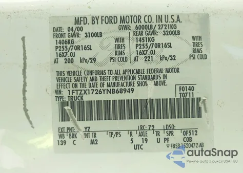 2000 Ford F-150 Work Series/Xl/Xlt from USA, damaged, VIN 1FTZX1726YNB68949